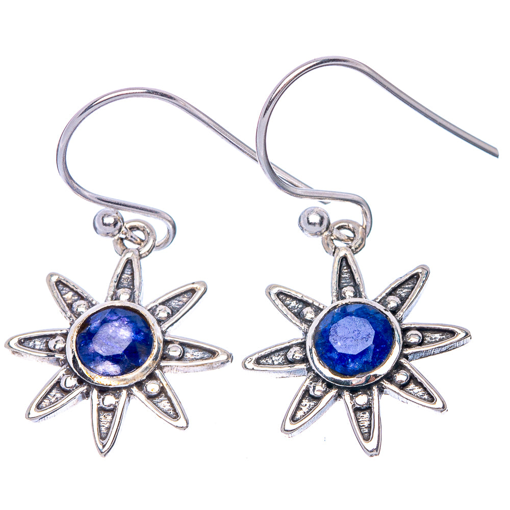 925 sterling silver flower earrings with blue round gemstone and openwork petal design