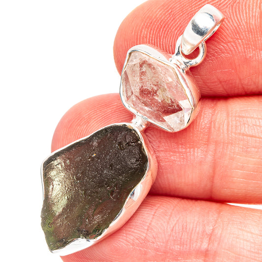 Sterling silver pendant with green and clear rough gemstone drops, loop bail