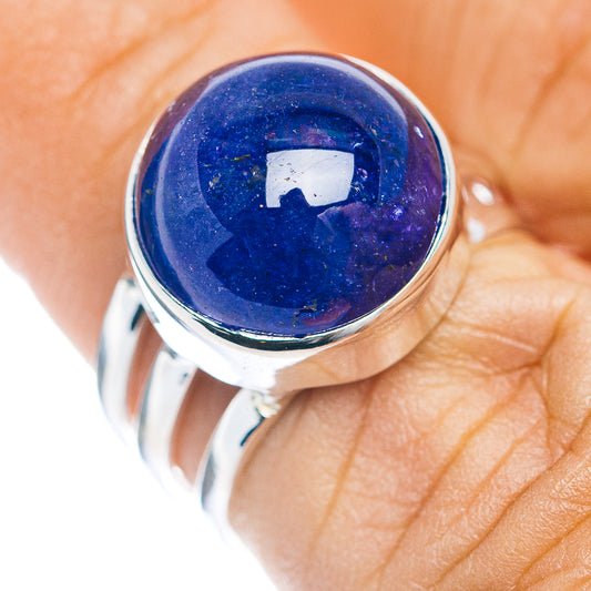Sterling silver ring with large oval blue-purple tanzanite cabochon gemstone