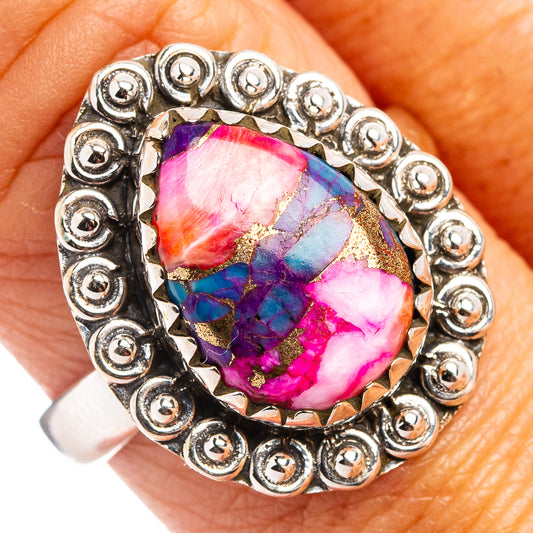 Sterling silver oval cabochon ring with pink purple blue gemstone and round halo stones