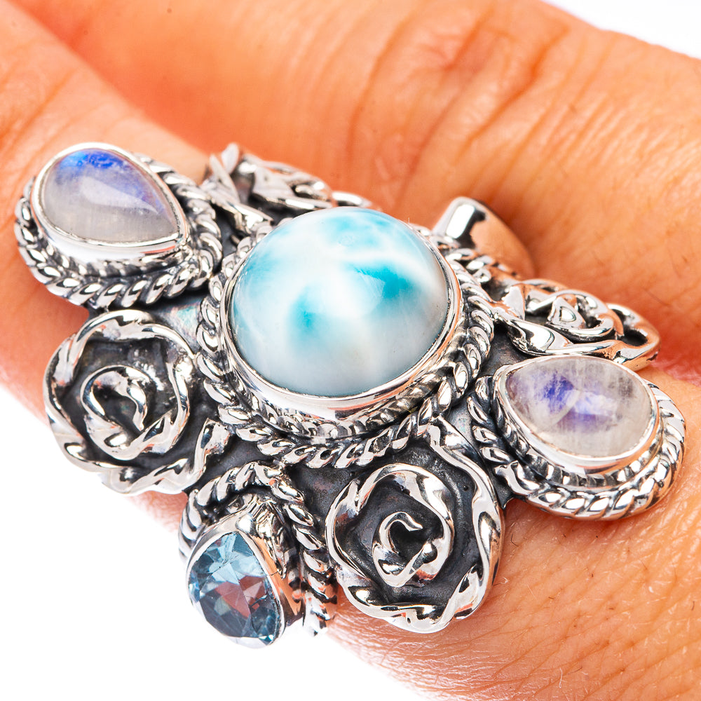 Signature Larimar, Rainbow Moonstone, Blue Topaz Ring Size 7.5 (925 Sterling Silver) R1807