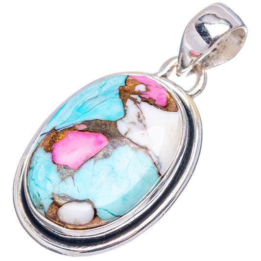 Sterling silver oval turquoise pendant with bail, pink and white stone inlay