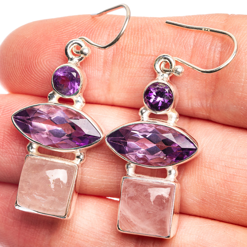 Amethyst and rose quartz drop earrings with marquise stones and square accents