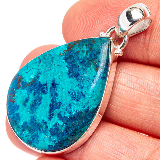 Shattuckite teardrop pendant with .925 sterling silver bezel and top bail; blue-green stone