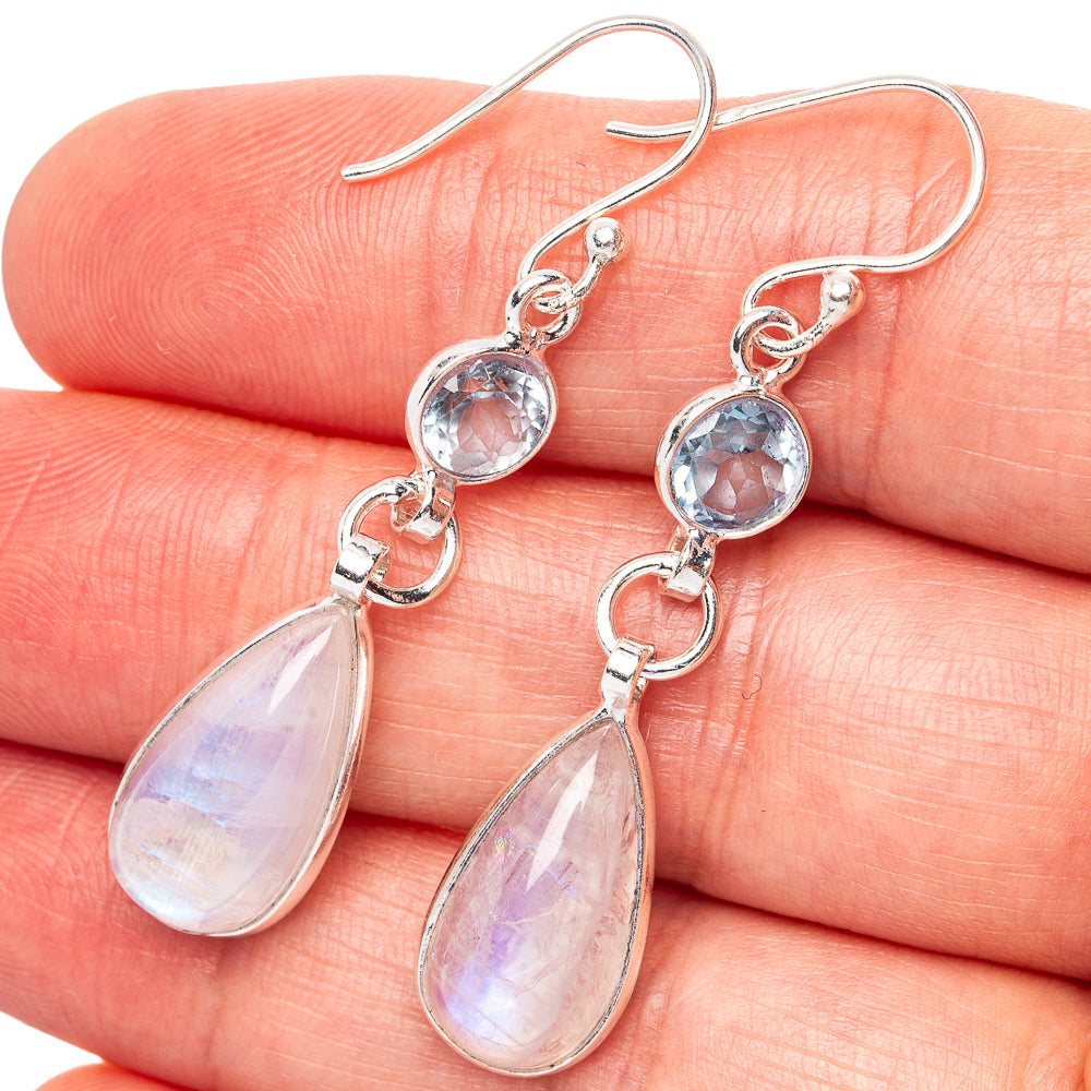 Rainbow Moonstone, Blue Topaz Earrings 1 7/8" (.925 Sterling Silver)