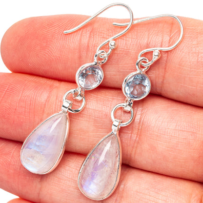 Rainbow Moonstone, Blue Topaz Earrings 1 7/8" (.925 Sterling Silver)