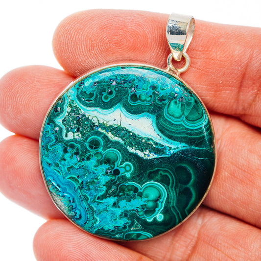 Premium Malachite In Chrysocolla Pendant 1 7/8" (.925 Sterling Silver)
