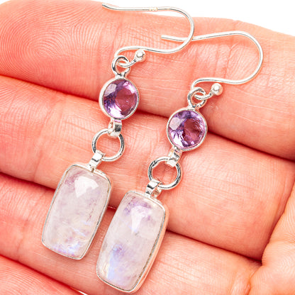 Rainbow Moonstone, Blue Topaz Earrings 1 7/8" (.925 Sterling Silver)