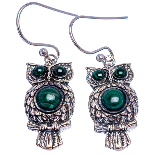 Pair of sterling silver owl drop earrings with large green cabochon and small eyes