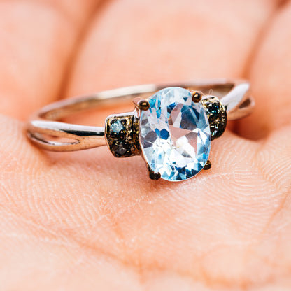 Blue Topaz, Blue Diamond Ring Size 6.75 (.925 Sterling Silver)