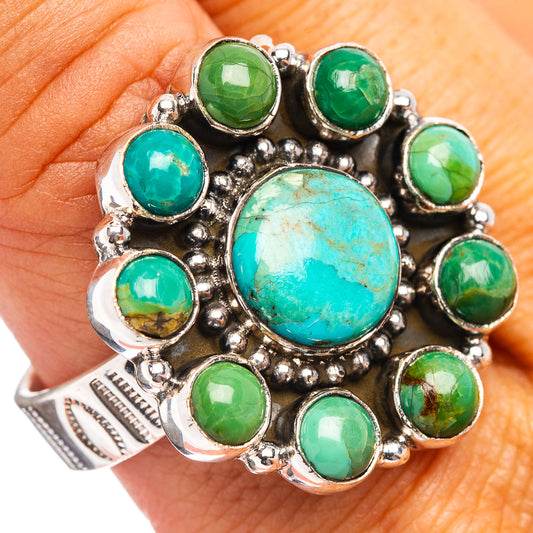 Turquoise flower ring with round green and turquoise stones, .925 silver setting