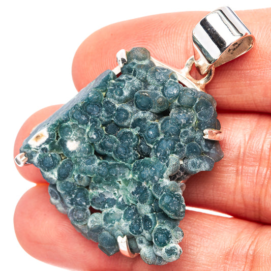Sterling silver pendant with blue-green druzy grape agate, prong bezel and hanging bail