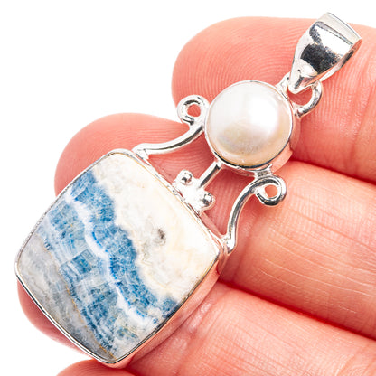 Blue Scheelite, Cultured Pearl Pendant 1 3/4" (925 Sterling Silver) P39000