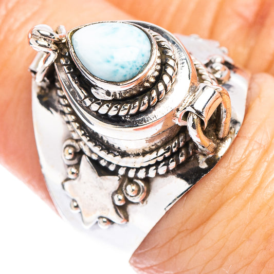Sterling silver oval larimar cabochon poison ring with ornate split-shank details