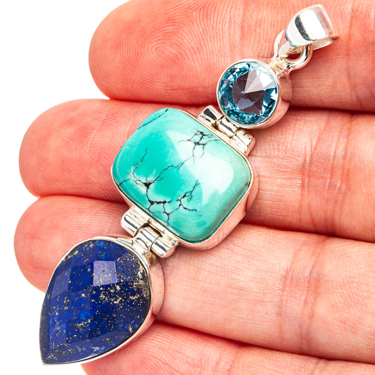 Sterling silver gemstone pendant with turquoise square, lapis teardrop, blue round stone