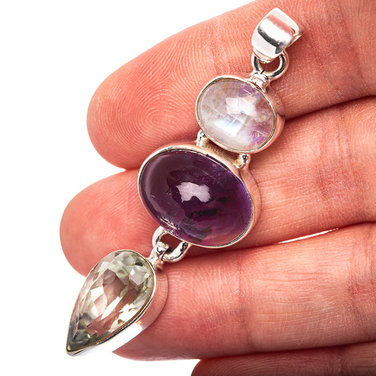 Premium Amethyst, Green Amethyst, Rainbow Moonstone Pendant 2 1/4" (.925 Sterling Silver)