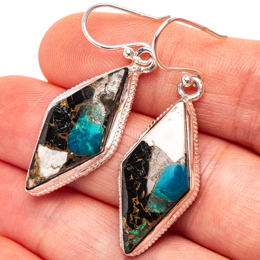 Sterling silver teardrop earrings with black onyx and blue-green chrysocolla stone detail