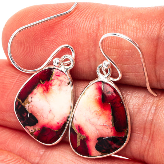 Sterling silver teardrop earrings with red, pink, and white marbled stone; French hooks