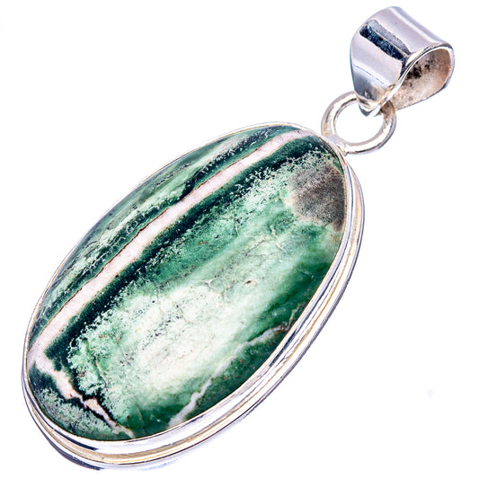 Green zebra jasper oval pendant .925 sterling silver bezel and loop bail