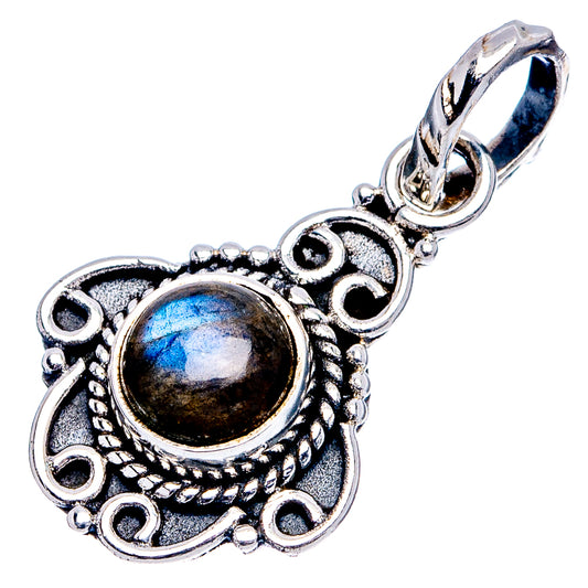 Sterling silver round labradorite pendant with blue sheen, decorative border and bail