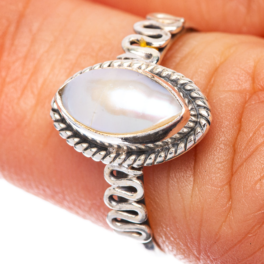 Cultured pearl dainty ring, size 6, 925 sterling silver with oval pearl cabochon