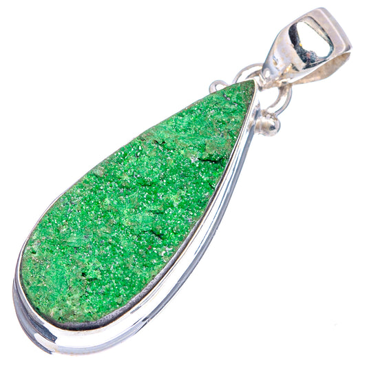 Uvarovite garnet pendant, .925 sterling silver bezel-set green teardrop with bail