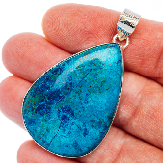 Sterling silver teardrop shattuckite pendant, blue gemstone bezel