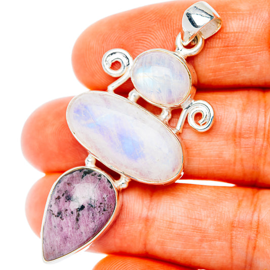 Premium Multi-Gem Rainbow Moonstone, Ruby Zoisite Pendant 2 1/8" (.925 Sterling Silver)
