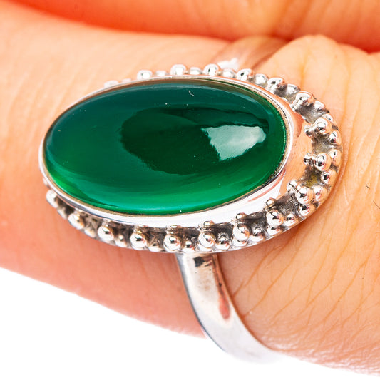 Green oval onyx ring with beaded 925 sterling silver bezel and band