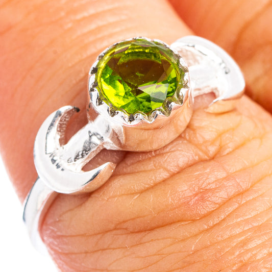Sterling silver dainty ring with round green peridot gemstone, split prong setting