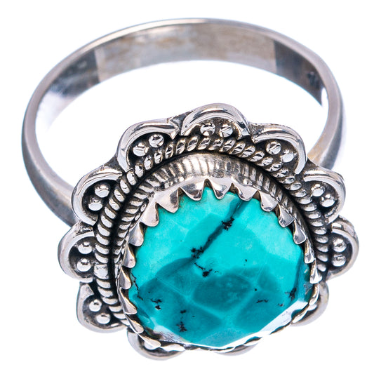 Turquoise oval cabochon sterling silver ring with ornate scalloped bezel, size 6.5