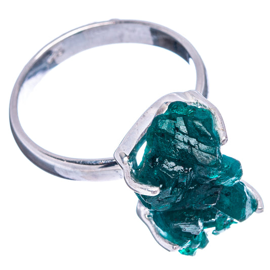Rare dioptase sterling silver ring, dark green crystal cluster on open band