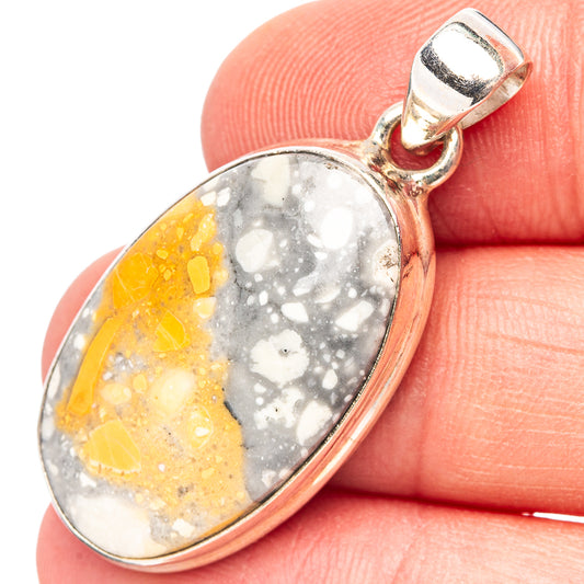 Oval jasper pendant in .925 sterling silver setting, yellow and gray stone detail