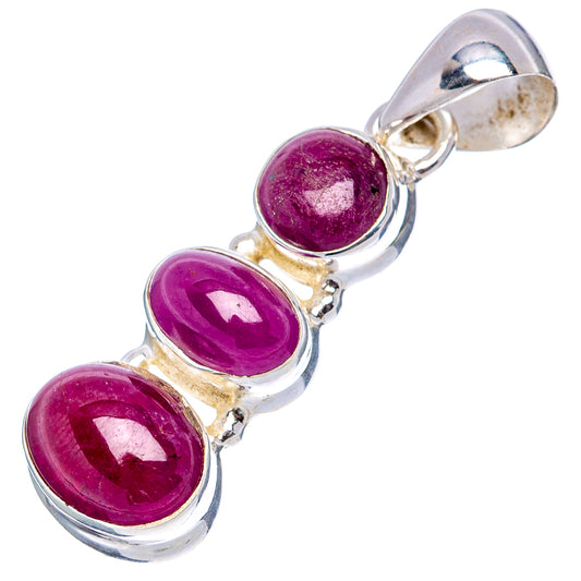 3-stone oval ruby pendant in .925 sterling silver with top bail and purple-red cabochons