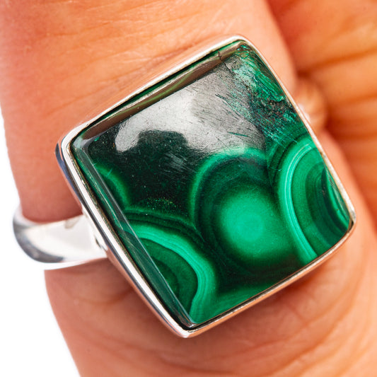 Sterling silver ring with green malachite square gemstone, size 7