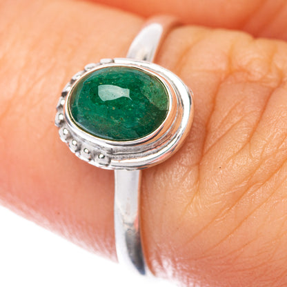 Oval green gemstone cabochon dainty sterling silver ring, size 7