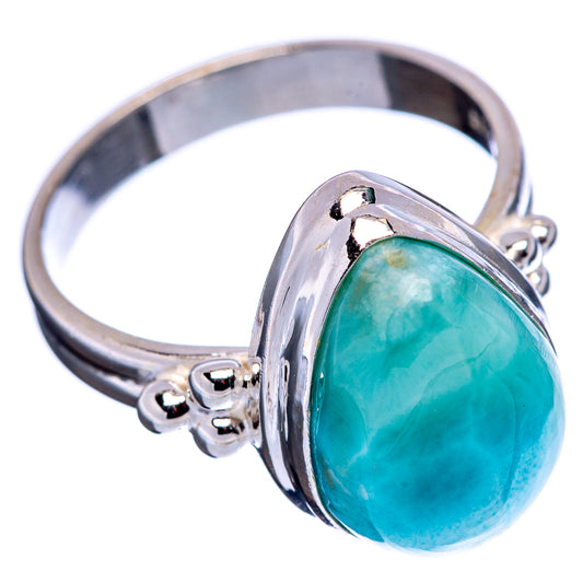 Larimar stone ring .925 sterling silver, side view of oval blue-green cabochon with bezel