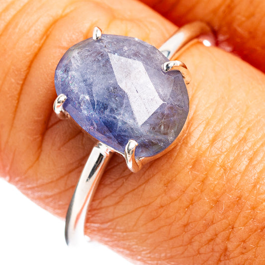 Sterling silver ring with large oval faceted blue tanzanite gemstone, prong set