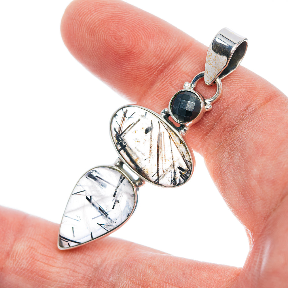 Premium Tourmalinated Quartz, Hematite Pendant 2 1/8" (.925 Sterling Silver)
