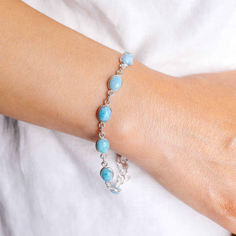 925 sterling silver larimar bracelet with oval blue gemstone beads and chain links