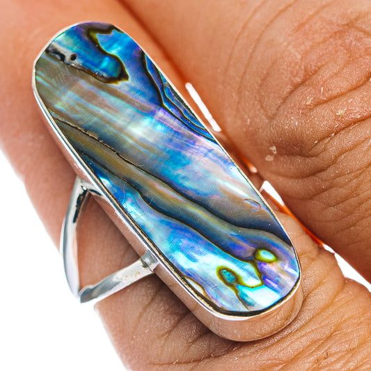 Abalone inlay oval sterling silver ring with blue-green iridescent sheen