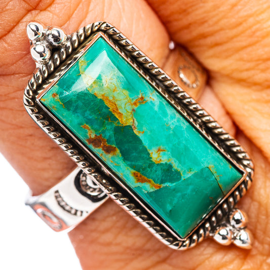 Turquoise rectangular ring, .925 sterling silver with rope border and corner details