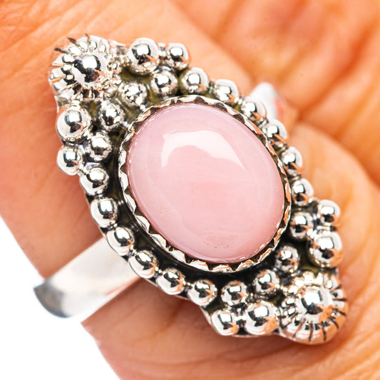 Pink oval opal ring, sterling silver beaded halo, size 6.5