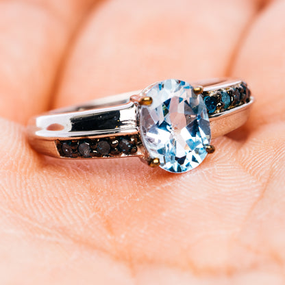 Blue Topaz, Blue Diamond Ring Size 6.75 (.925 Sterling Silver)