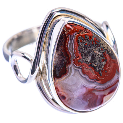 Crazy lace agate ring with red, gray, black marbled oval cabochon and silver band