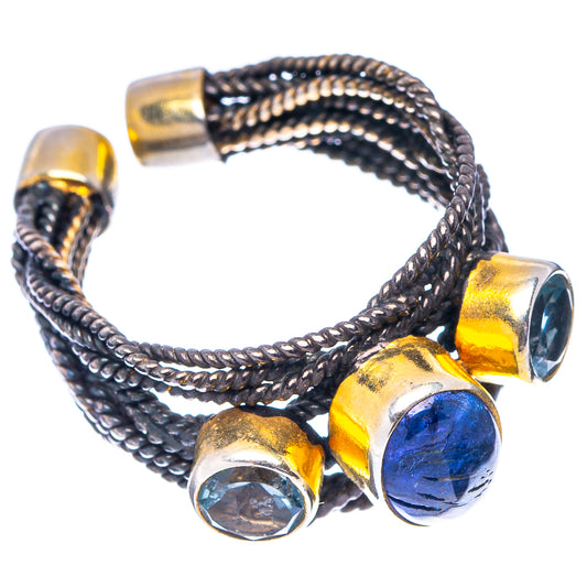 Braided cuff bracelet with round blue gemstone and clear crystal stones