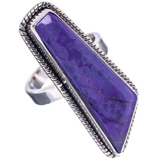 Sterling silver ring with rectangular purple sugilite stone, beaded edge, size 6