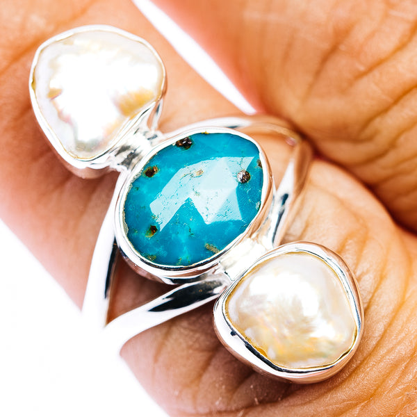 Faceted Apatite, Baroque Pearl Ring Size 8 (.925 Sterling Silver)