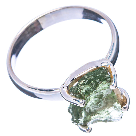 Sterling silver moldavite ring with green rough stone bezel, wide open top
