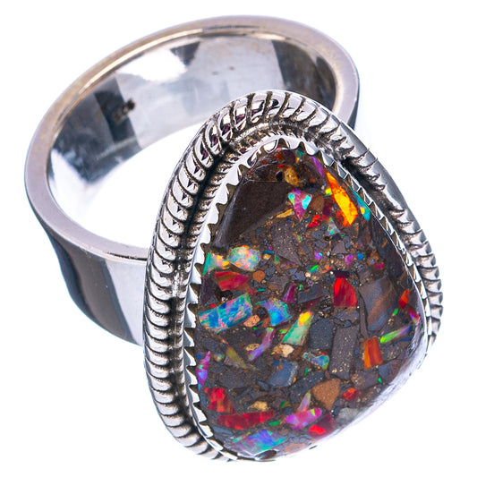 Sterling silver adjustable ring with oval opal matrix gemstone face, multicolor sparkles